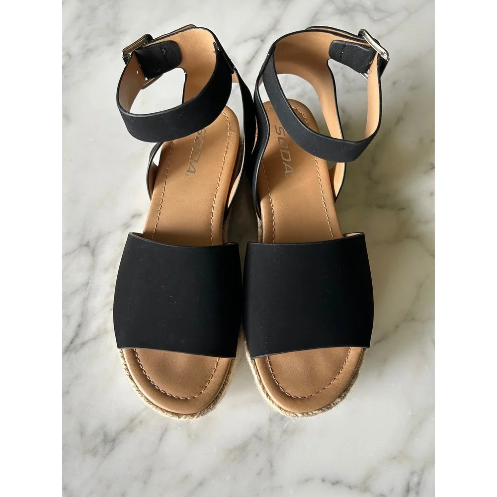 Soda Womens Black Espadrille Platform Sandals Ankle Strap Wedge Open Toe 7.5